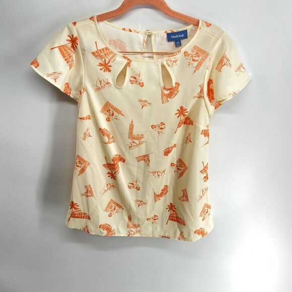 Modcloth cream tourist print short sleeve blouse womens xs - Picture 1 of 6